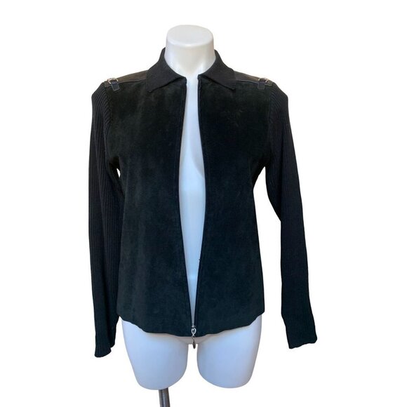 Vintage 90s Black Rib Knit Suede Jacket Cardigan Small - Picture 5 of 6